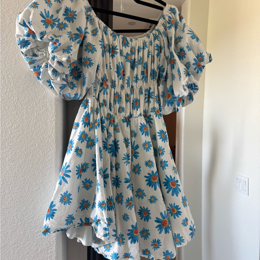 Talulah Blue Daisy Puff Sleeve Mini Dress — Cottagecore Retro (Size L)